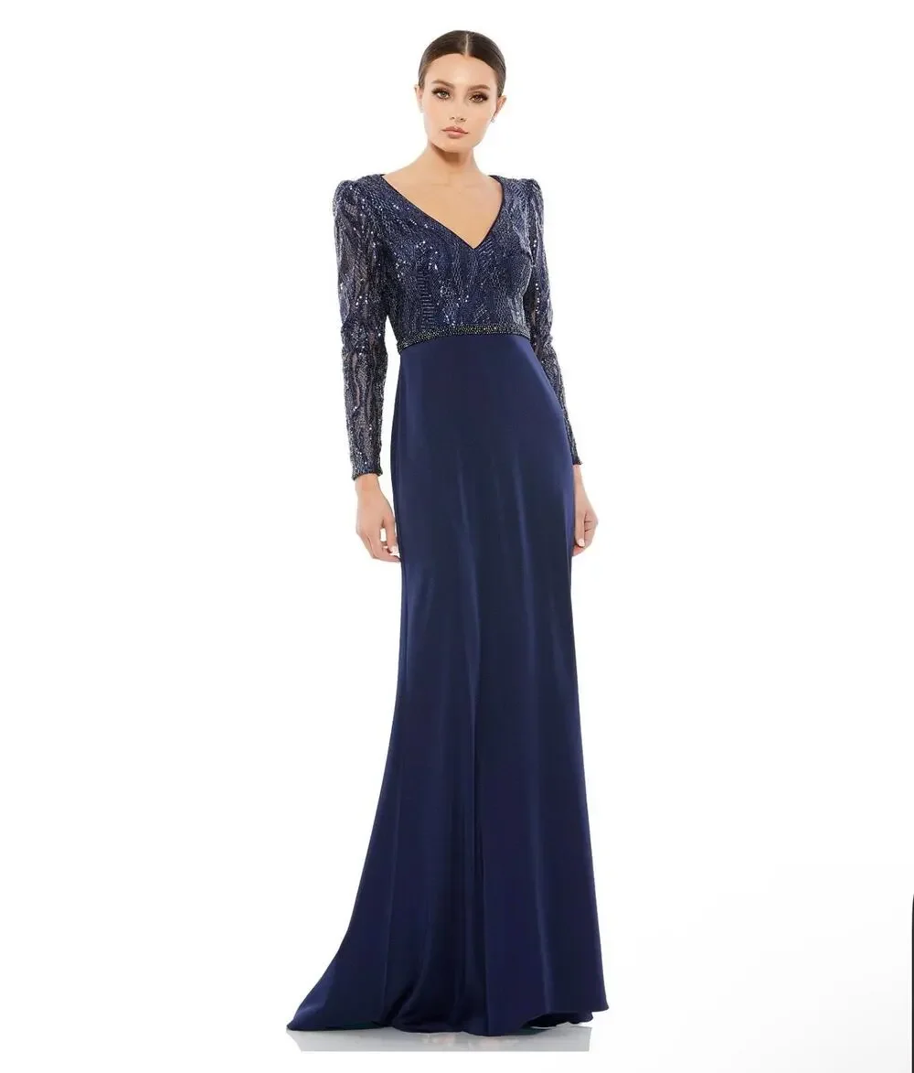Mac Duggal Navy Embellished Long Sleeve Wrap Over Trumpet Gown Sz 18 - Picture 1 of 7